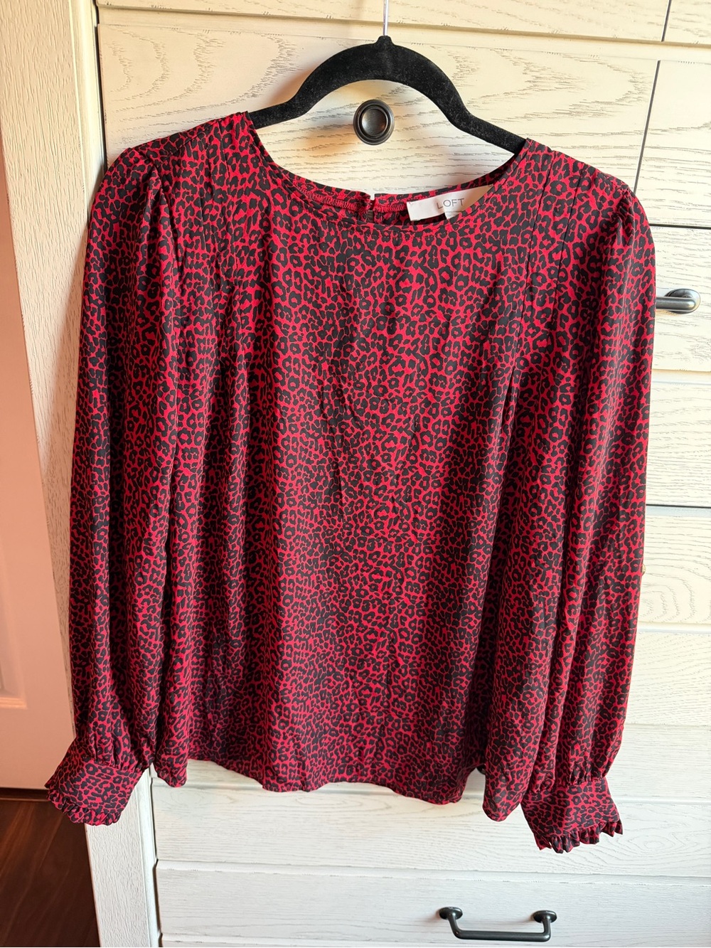 LOFT Red and Black Leopard Print Long Sleeve Blouse
